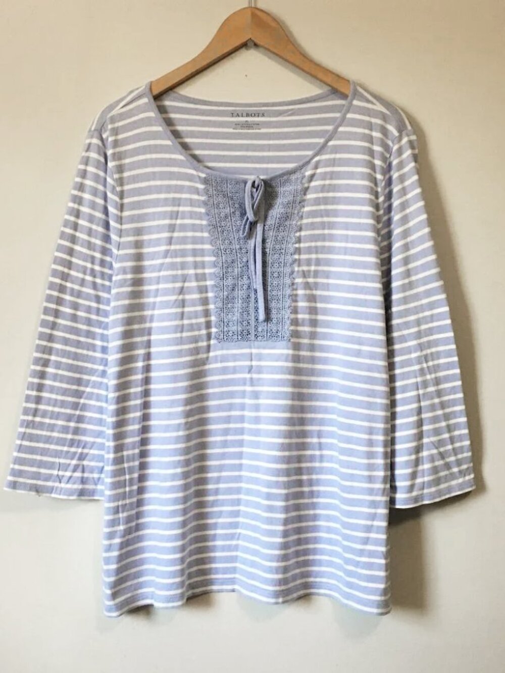 Talbots Cotton Modal Blue & White Striped Long Sleeve Lace Up Top XL Coastal